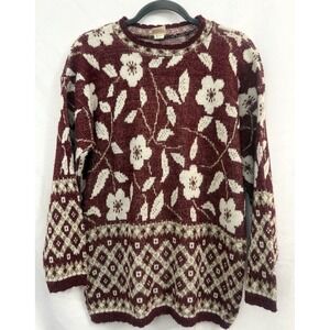 VTG Holiday Time Red Sparkly Floral‎ Christmas Sweater Womens Size M